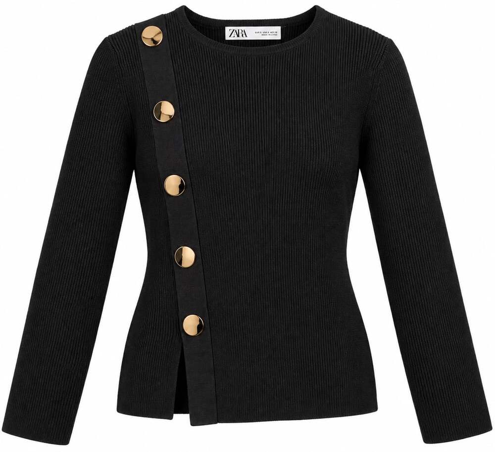 Zara Ribbed Sweater Size S Dark Grey with Gold Buttons
